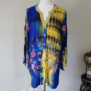 Calessa Tie-Dye Woven Embroidered Detail Patchwork Print 3/4 Sleeve Blouse